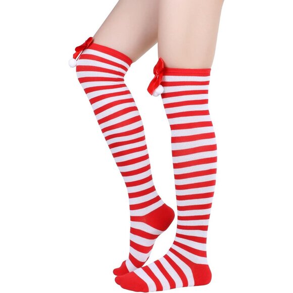 Womens Knee High Socks Long White Red Striped&red Ball - Picture 3 of 4
